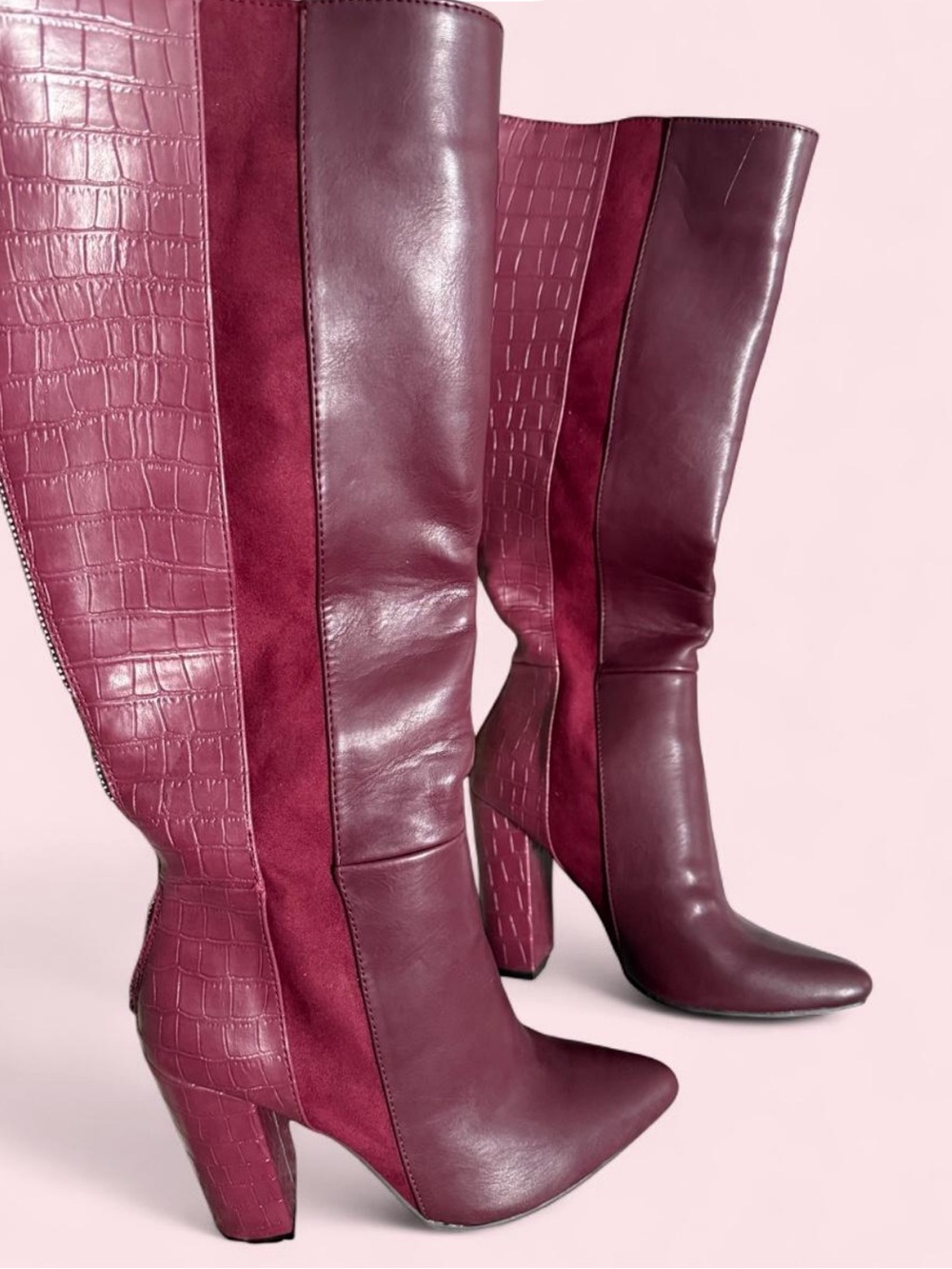 Justfab Women's Burgundy Knee-High Leather & Suede Block Heel Boots